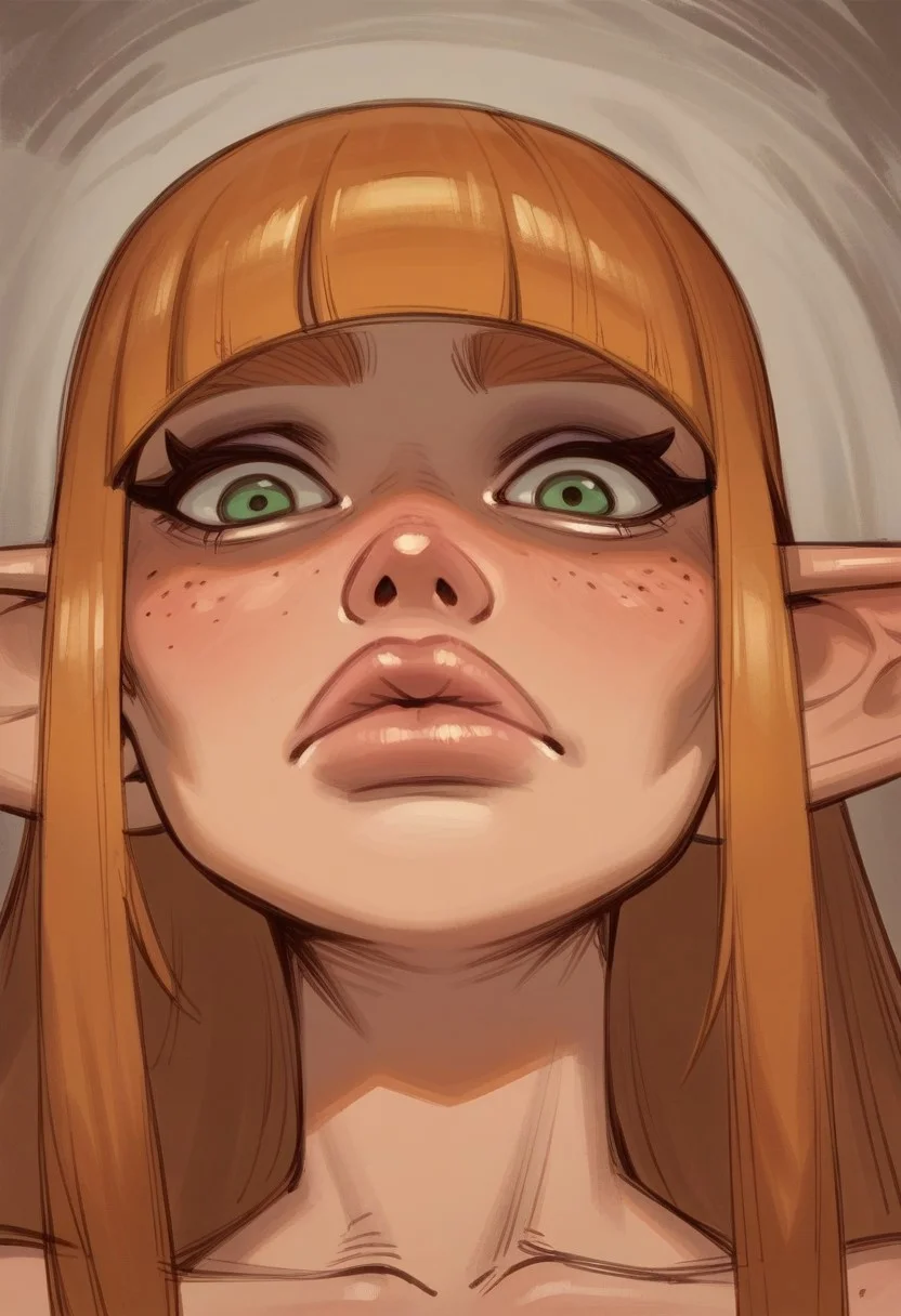 (Front angle:1.3), high detail, perfect face, very close-up, 1girl, long hair, ginger hair, blunt bangs, light skinned female, (Elf:1.3), pouting expression, green eyes, head tilted, plump lips, (up close shot of face, portrait:1.6), closed mouth
BREAK
score_9, score_8_up, score_7_up, score_6_up, source_cartoon, rating_explicit