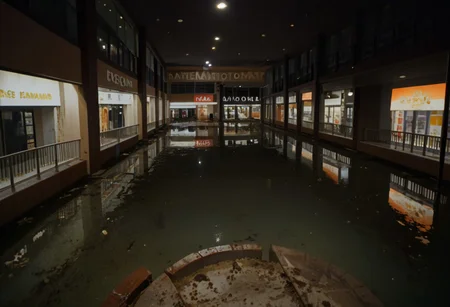 score_9, score_8_up, score_7_up, score_6_up, score_5_up, score_4_up, abandoned shopping mall, at night, no people, empty abandoned mall, destroyed, eerie, camera flash, partially flooded, ((( abandoned, submechanaphobia)))