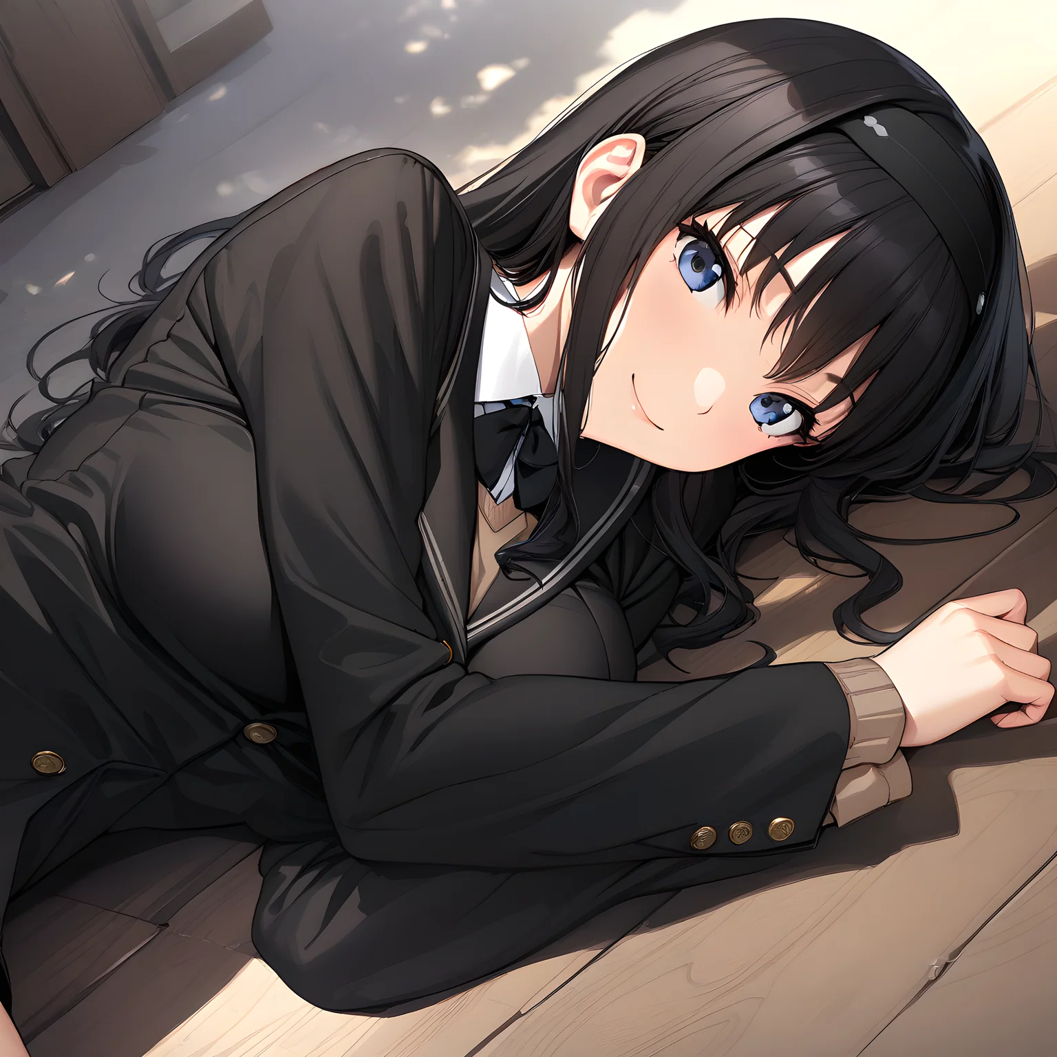 (masterpiece),(best quality),(ultra-detailed),(best illustration),(best shadow),(absurdres),(detailed background),(very aesthetic), haruka_morishima, 1girl, kibito high school uniform, solo, black hair, school uniform, lying, on side, long sleeves, looking at viewer, jacket, long hair, hairband, black jacket, smile, breasts<lora:Haruka_Morishima:1>
