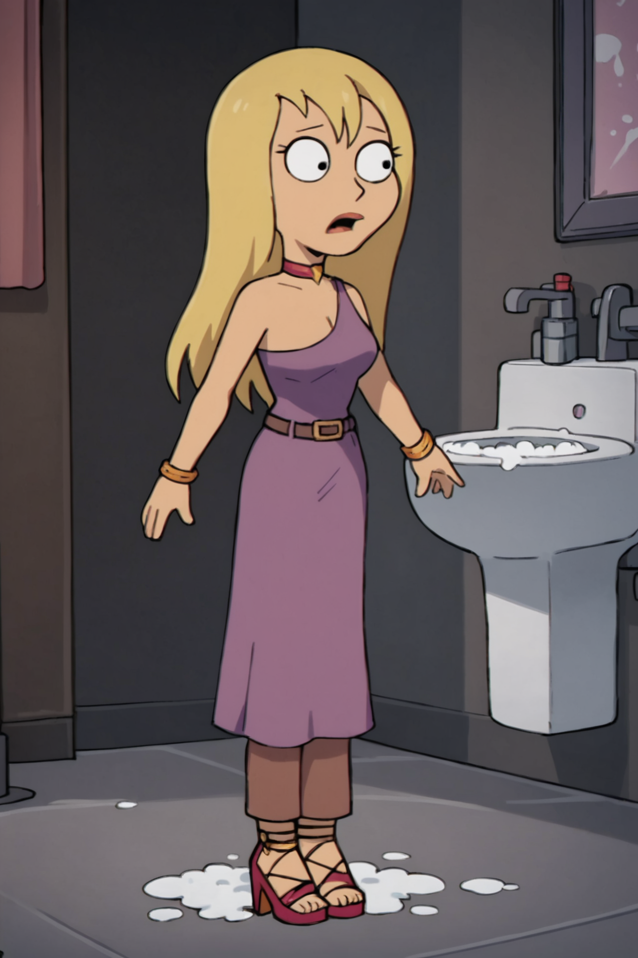 score_9, score_8_up, score_7_up,
the foam battle,
 <lora:Jillian_v2_Family_Guy:0.8> jrwfg, blonde hair, collar, bracelet, one shoulder top shirt, brown pants, belt, high heels, choker, purple dress, pink dress, necklace, solo,
long hair, indoors, bathroom,
foam, dark background, abstract, masterpiece, best quality,