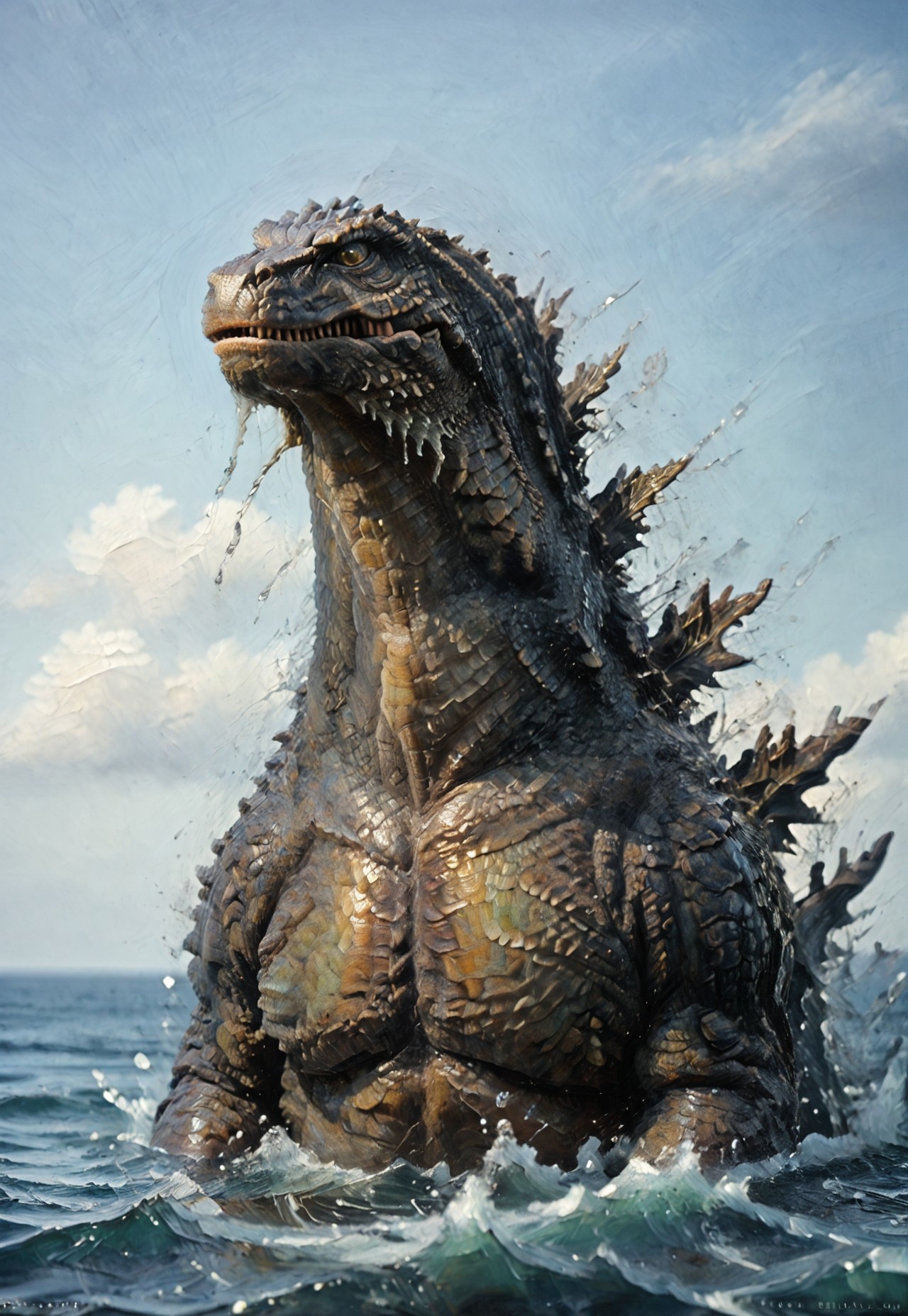 score_9, score_8_up, score_7_up, solo, portrait, giant dinosaur reptilian monster Godzilla, realistic scales, detailed scale texture, solo, outdoors, head surfacing from the ocean, partially submerged, wading through the water, solo, extremely detailed, Macro detailed realism style photograph, 3DMM, oil painting, traditional media, realistic,