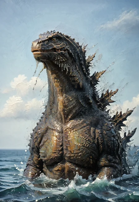 score_9, score_8_up, score_7_up, solo, portrait, giant dinosaur reptilian monster Godzilla, realistic scales, detailed scale texture, solo, outdoors, head surfacing from the ocean, partially submerged, wading through the water, solo, extremely detailed, Macro detailed realism style photograph, 3DMM, oil painting, traditional media, realistic,
