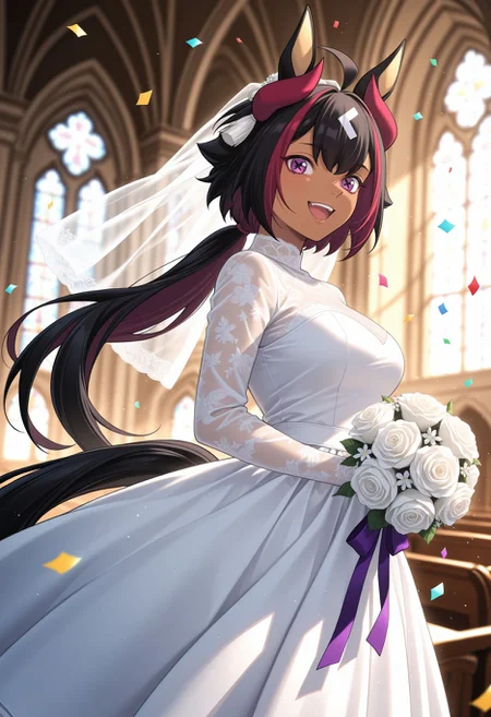 masterpiece,best quality,absurdres,highres,very aesthetic,high quality,detailed,insanely detailed,beautiful,perfect lighting, ,depth of field,blurry background,bokeh, looking at viewer, wedding dress, veil, church, (confetti:1.1), smile, open mouth, white dress, wedding dress), indoors,
<lora:Mill Wakaba illu:1> 1girl, dark skin, dark-skinned female animal ears, horse girl, horse tail, cross-shaped pupils, purple eyes, streaked hair, ahoge, multicolored hair, black hair, white hair, low ponytail,