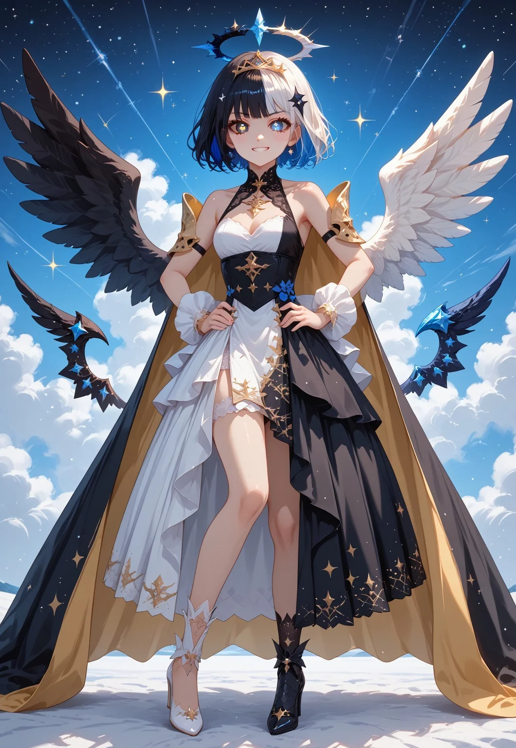 score_9, score_8_up, score_7_up, score_6_up, score_5_up, score_4_up , 1girl, Shion Tachibana, short hair, black hair, multicolored blue hair, blue crystal eyes, hair ornament, masterpiece, best quality, absurdres,
(split theme, dual persona, polar opposites:1.3),
angel girl, demon girl, (asymmetrical clothes), white dress, black dress, multicolored dress, asymmetrical dress, gold tiara, spiked tiara, halo, black halo, angel wings, demon wings, mismatched wings, asymmetrical wings, golden cape, black cape, asymmetrical legwear, armored boots, high heels, spl1th41r, two tone hair,
(clouds and stars, golden gates), (sparkles, sparkling scales, sparkling eyes), sharp focus, (glossy gold clothing, glittering gold fabric),
standing, straight-on, legs apart, hands on hips, clenched hands, full body, looking at viewer, smirk, smug, black sclera, mismatched sclera, 
intricate, highly detailed, majestic, shallow depth of field, movie still, circular polarizer