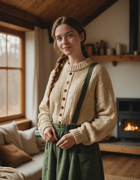 realistic photography of a woman in a cozy and wholesome cottagecore-inspired outfit, celebrating simplicity and nature