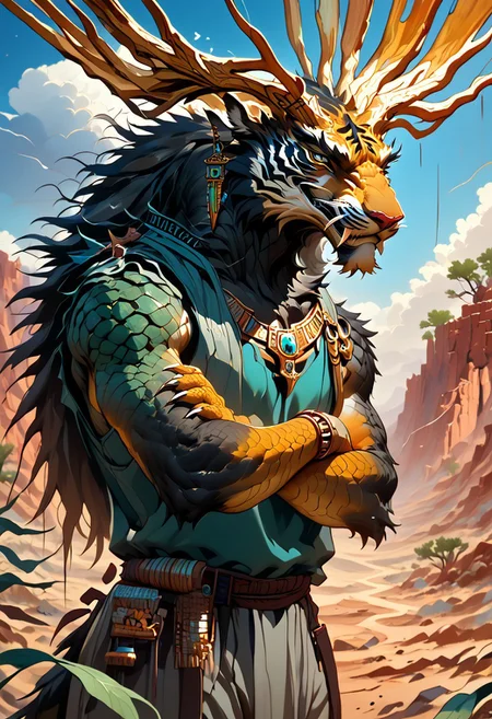solo, Xerneas, sinozick style, alien humanoid, qinglong, dragon, tiger, peregrine falcon, moose, man, longxiang style, m0nst3r, tig, chinese dragon, long muzzle, big fangs, orange and black fur, green scales, jade patterened scales, scaly arms, male_tiger, emerald tree boa, anthro, furry male, standing, curious smile, arms crossed, teal tank top, light gray shorts, jewelry, bracelets, rings, BREAK,
New Mexico desert, southwestern desert, desert, rock, weed, scattered trees, thunderstorm, day, sunlight through clouds, thunderclouds in background,