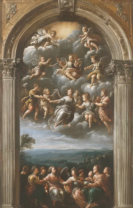masterpiece,best quality,<lora:tbh206-sdxl:0.9>,illustration,style of Francesco Albani portrait of family