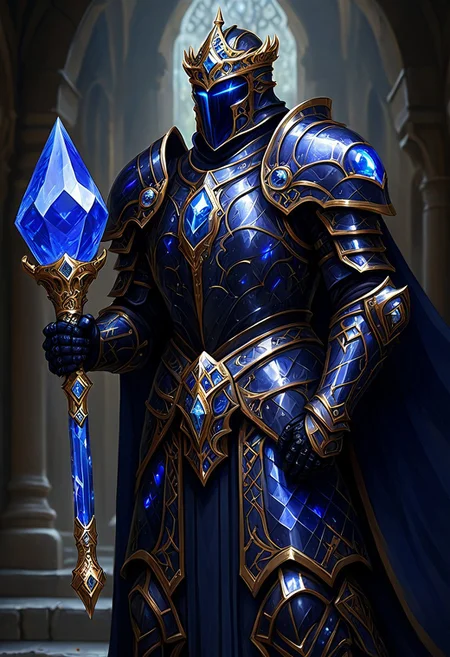 magicNpolished, A noble paladin, obsidian armor adorned with sapphire gemstones, intricate designs, holding a diamond mace, fantasy setting