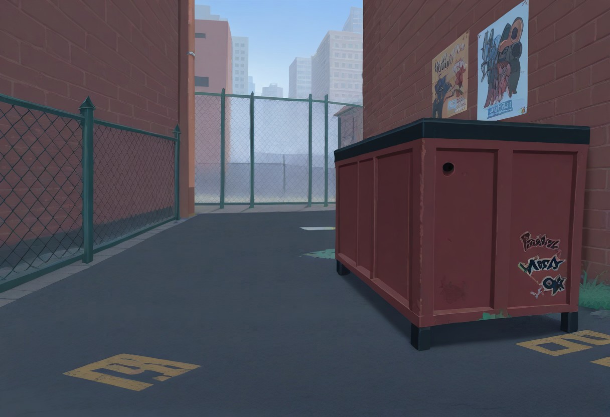best quality, masterpiece, amazing quality, very aesthetic, absurdres,
landscape, outdoors, city, dark alleyway, graffiti, fence, red dumpster, poster