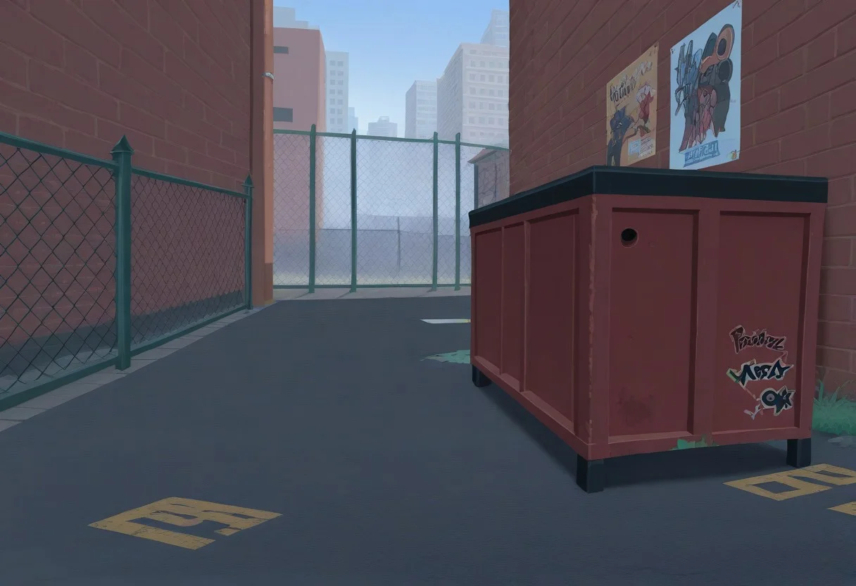 best quality, masterpiece, amazing quality, very aesthetic, absurdres,
landscape, outdoors, city, dark alleyway, graffiti, fence, red dumpster, poster