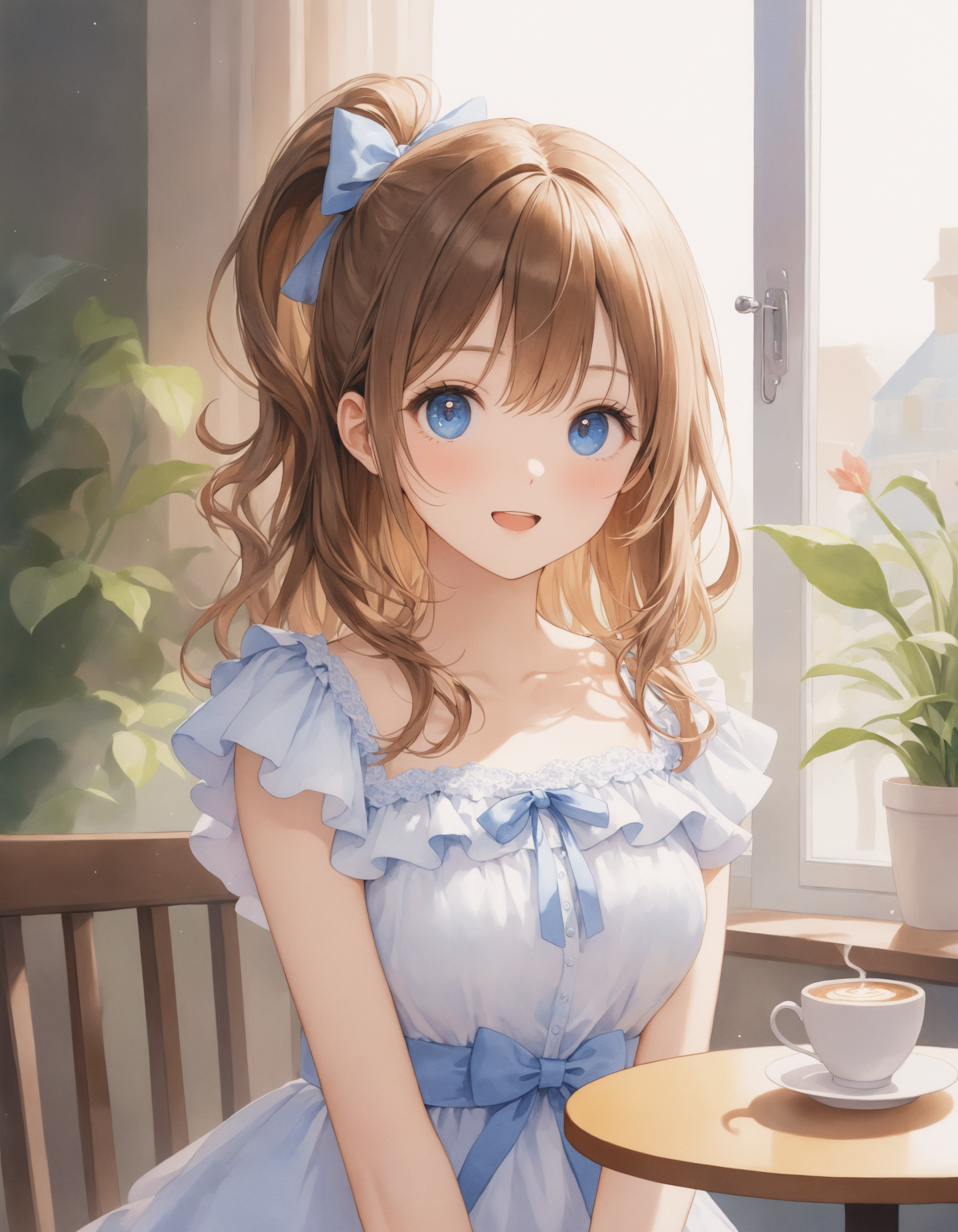 SceneDescription:
  - Composition: Portrait. Shooting from front.
  - Subject: A cute girl.
    - Characteristics:
      - Face: (Cute round face:1.2).
      - Eyes: Detailed blue eyes.
      - Hair: Wavy hair, high side ponytail, brown hair, ahoge and hair between eyes.
      - Body: Detailed slender body. Medium breasts.
      - Clothing: White chiffon a-line dress, flutter short sleeves, layered ruffled skirt and ribbon waist.
      - Expression: Happy expression. Open mouth.
      - Posing: Sitting on the chair. Head tilt. Looking at viewer.
  - Background: Inside fashionable cute cafe.
    - Elements: A cofee cup on the table. Decorative plants. Street view from window.
Time: Daytime.
Lighting: (Natural lighting:1.4).
ArtStyle: Watercolor. Traditional media. Blurry. Pale pastel colors.
Quality: Intricate details. Extremely detailed. Outstanding intricacies. (Masterpiece:1.2). (Best quality:1.2). (Absurdres absolutely resolution:1.4).
Mood: Pastel atmosphere.
<lora:flat_sdxl:0.2>