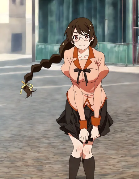 <lora:pony_xl_hanekawa>,hanekawa,score_9,source_anime,best quality,masterpiece,super fine illustration,1girl,solo,looking_at_viewer,cowboy_shot,ribbon,naoetsu_high_school_uniform,school uniform,long sleeves,puffy long sleeves,pink shirt,black skirt,juliet skirt,pleated skirt,kneehighs,black socks,collarbone,smile,;d,leaning_forward,city,cityscape,street,signal,crosswalk,