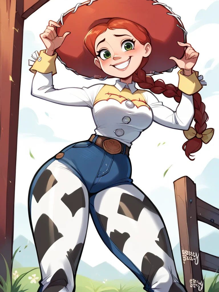 score_9, score_8_up, score_7_up, score_6_up, JessieXLP leaning forward, smile, nervous, hat, red hair, braid, bow, belt, animal print, cow print, pants, boots, medium breasts, narrow waist, wide hips, thick thighs, looking at viewer, cowboy shot, cartoon, dynamic pose, smile, cute, wide shot, solo, farm, disney, from below,
<lora:JessieXLP_character:1> <lora:BlushySDXL:0.8> blushyspicy,
