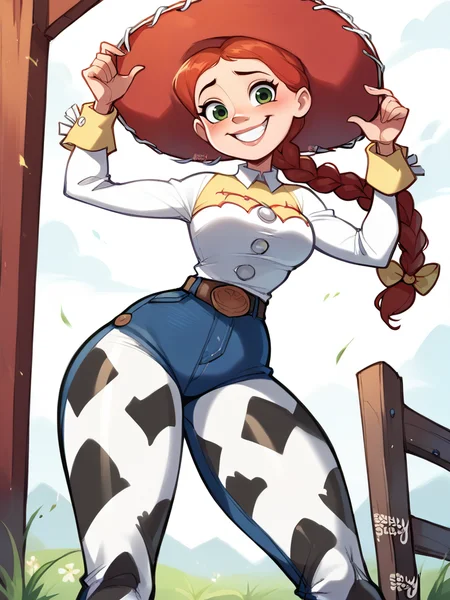 score_9, score_8_up, score_7_up, score_6_up, JessieXLP leaning forward, smile, nervous, hat, red hair, braid, bow, belt, animal print, cow print, pants, boots, medium breasts, narrow waist, wide hips, thick thighs, looking at viewer, cowboy shot, cartoon, dynamic pose, smile, cute, wide shot, solo, farm, disney, from below,
<lora:JessieXLP_character:1> <lora:BlushySDXL:0.8> blushyspicy,