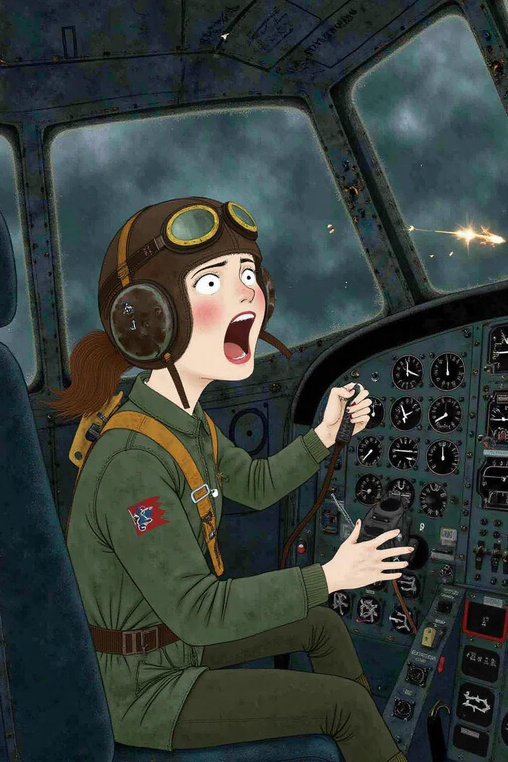 illustration of a female pilot screaming inside the cockpit of a World War II bomber. The pilot, wearing a vintage leather flight helmet with goggles and a bomber jacket, grips the controls with white-knuckled hands. Her face is contorted in a mix of fear and determination as she yells, her eyes wide with adrenaline. The cockpit is cramped and filled with old-fashioned dials and gauges, with the outside view showing dark stormy clouds and distant anti-aircraft fire  <lora:macha1_cap_d6a3e12:1.0><lora:827734923726282520:0>