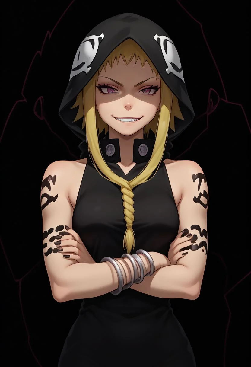 score_9, score_8_up, score_7_up, source_anime, highly detailed,
medusa, 1girl, solo, hood, braid, crossed arms, jewelry, bracelet, smile, blonde hair, tattoo, sleeveless, shaded face, bare shoulders, long hair, grin, smirk, single braid, short hair with long locks, nail polish
black background, snakes, evil aura,