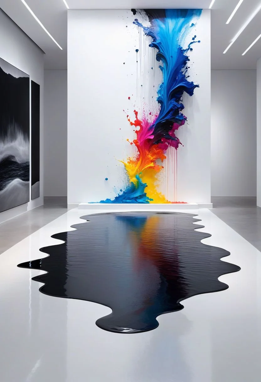 A captivating conceptual artwork that portrays a minimalist gallery space, with the main focus being a monochrome fluid flowing from a painting on the wall. The fluid gradually transitions into a vibrant, colorful stream as it reaches the floor, evoking the image of a river meandering through the space. The black and white realm gives way to a vibrant explosion of color, symbolizing the birth of creativity and the power of art. The serene atmosphere invites viewers to contemplate the essence of artistic expression and the transformative nature of color., painting, conceptual art