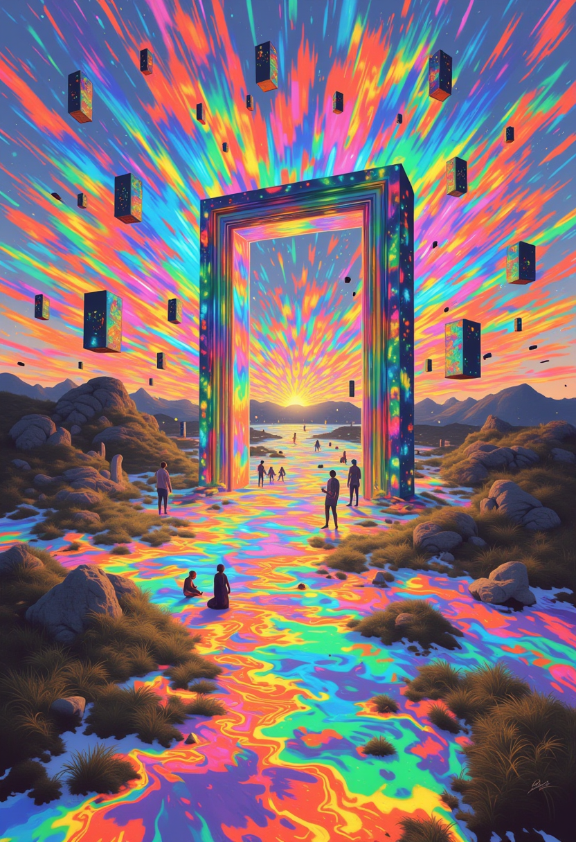 vibrant art by RHADS, Tang Yau Hoong and Atey Ghailan, As the sun begins to set, a swirling mass of colors fills the air. The cubes shimmer in the light, their surfaces reflecting with an otherworldly glow. Amidst the chaos, a mirror is illuminated by sharp focus, ,  jagged, Hudson River School painting,  surreal and atmospheric imagery,  Dr Slump,  architectural interventions,  details of metal and sharp edges, colonial art, whimsical, Fantasy painting,  quirky humor, Urban realist painting,  detailed ships, imposing, magic atmosphere, holy, glowing, <lora:models\Flux\psycho_art:1.1>,