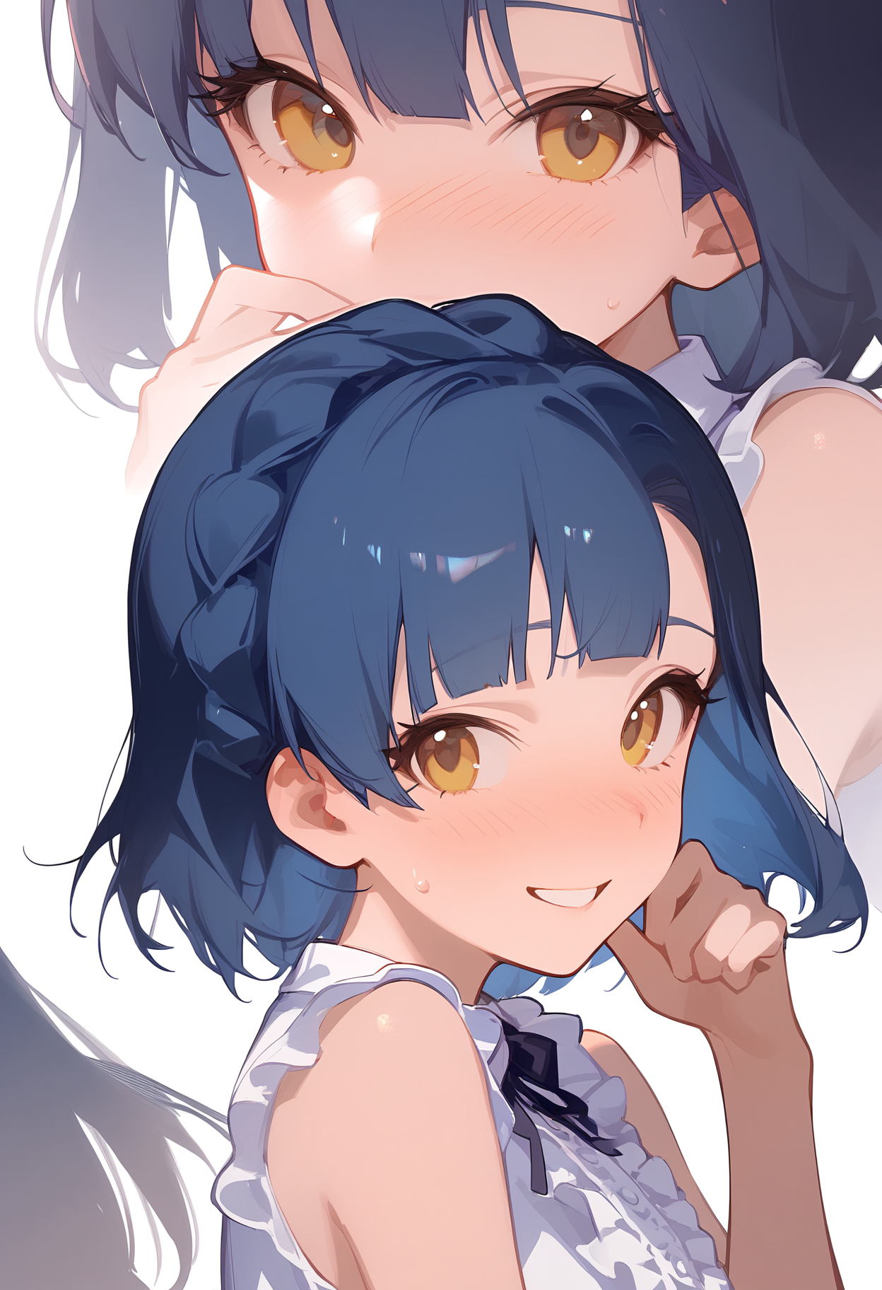 1girl,
nanao yuriko,


hand up, simple background, looking to the side, frills, hand on own face, collared shirt, short hair, white background, braid, white shirt, eyelashes, blunt bangs, cropped shoulders, blue hair, from side, parted lips, smile, looking at viewer, yellow eyes, sleeveless shirt, frilled shirt, teeth, french braid, multiple views, open mouth, blush, shirt, hand to own mouth, sweat, sleeveless, close-up, expressions, nose blush, upper body, closed eyes, center frills,

sfw
<lora:a31_char_new_nanao_yuriko-000028:1> <lora:a31_style_koni-000010:0.8>
