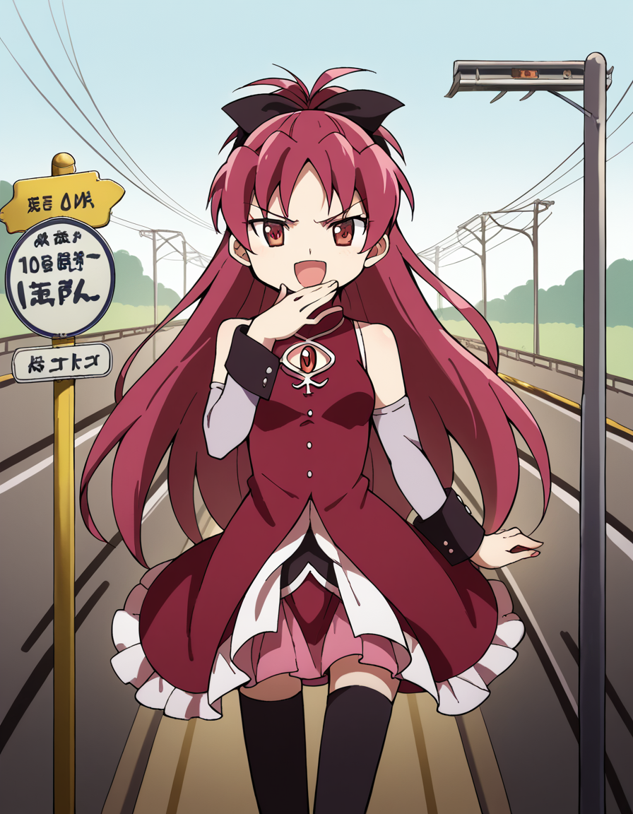 score_9, score_8_up, score_7_up, source_anime, <lora:kyouko-sakura-s1-ponyxl-lora-nochekaiser:1>, kyouko sakura, long hair, red eyes, ponytail, hair bow, red hair,, thighhighs, bare shoulders, detached sleeves, black thighhighs, magical girl,, railroad crossing, sign, gate, train, street, smile, <lora:ojou-sama-pose-ponyxl-lora-nochekaiser:1>, ojou-sama pose, laughing, smug, hand to own mouth, open mouth,, looking at viewer, solo,, dutch angle, cowboy shot