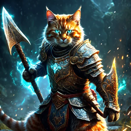 A fierce warrior cat with a (glowing enchanted:1.2) axe charging into battle with dynamic powerful movement, wearing ornate, battle-worn armor, fur bristling, intense gaze, in the style of fantasy realism, high resolution image, detailed metallic textures on armor, vibrant colors