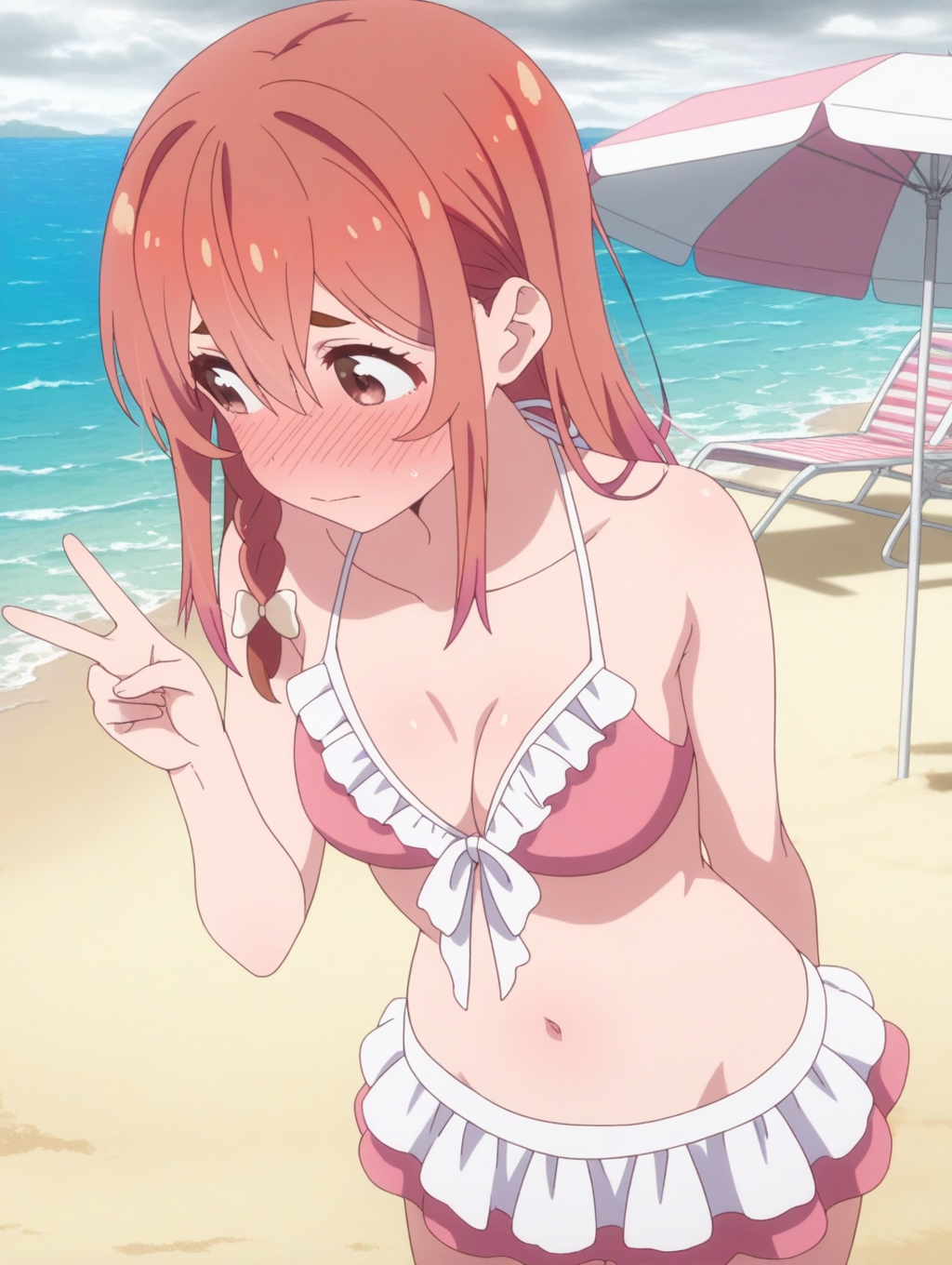 masterpiece, best quality, amazing quality, intricate detail, detailed, anime coloring,  <lora:Sumi_Sakurasawa_LW:0.8>, Sumi_Sakurasawa_LW, anime screenshot, side braid, brown eyes, hair between eyes, 1girl, solo,
Frilled bikini, bikini_skirt, beach, averting_eyes , medium breasts, shy, blushing, peace sign, one hand behind back, overcast, sunlight, sand, water, umbrella, beach chairs,