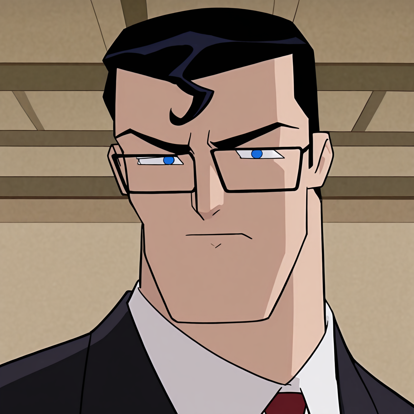 <lora:SUPERMAN_2004:1.5>
superman2004, solo, short hair, blue eyes, shirt, black hair, 1boy, closed mouth, jacket, white shirt, upper body, male focus, necktie, collared shirt, glasses, indoors, black jacket, looking to the side, v-shaped eyebrows, frown, formal, suit, red necktie, meme, black-framed eyewear, grey jacket, very short hair, official style, black suit, medium bangs, rectangular eyewear
, motion blur, film grain, abstract, natural lighting, fantasy, cinematic, dynamic view, tilted angle, very awa, masterpiece, best quality, absurdres, newest, perfect quality, detailed background, intricate details, (artist:fl \(l-fl\):0.7), (artist:tooboshoo:0.7), (artist:dizdoodz:0.8)
