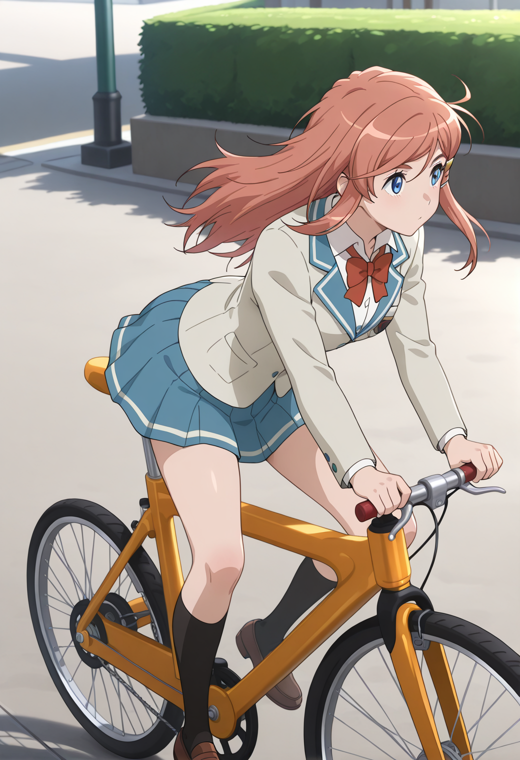 masterpiece, best quality, very aesthetic, absurdres, 1girl, solo, 
<lora:kato_marika_v01:1>, kato_marika, marika_school, brown hair, long hair, blue eyes, hairclip,
school uniform, blazer, red bow, blue skirt, plated skirt, black socks, brown loafers, riding, orange bicycle, outdoors