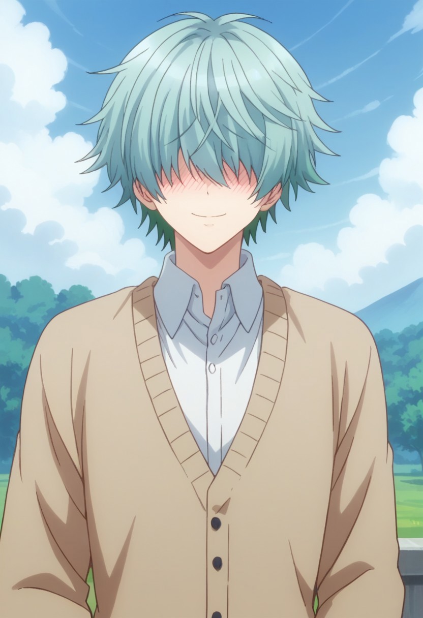 score_9, score_8_up, score_7_up, source_anime, highly detailed, 
kouta, 1boy, male focus, solo, sky, shirt, white shirt, hair over eyes, cloud, day, multicolored hair, upper body, blue sky, collared shirt, outdoors, green hair, aqua hair, cardigan, blush, shy, smile,