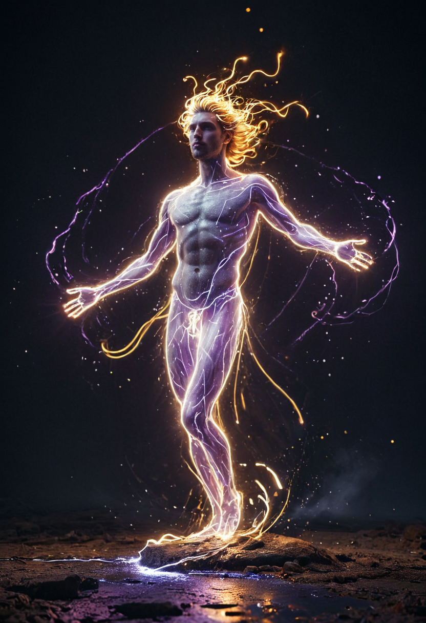 (masterpiece), (best quality), Young Greek god astraeus with hair blowing in the wind with ultraviolet light and root-shaped lights coming out of his body, golden aura around the silhouette, background sky, wide shot, full body, dynamic movement, cinematic lighting, masterful composition, shallow depth of field, f/2.4, masterpiece, trending on artstation, meander, hypnotic swirls, glowwave, glowing swirls <lora:light_transformer:0.55> lightlora, made from light, light, light particles, glowing <lora:Bio-Luminescence:0.55> bioluminescent, glowing <lora:Aether_Light_SDXL_LoRA:0.55> light painting of <lora:AbSynth:0.55> absynth, paint pour, geometric, fluid dynamics, liquid physics <lora:Greek mythology style:0.55> Greek mythology style, masterful composition, dynamic volumetric lighting, realistic  ray_tracing, reflection, hyperrealistic, shallow depth of field, f/2.4, bokeh,, RAW candid cinema, 16mm, color graded portra 400 film, remarkable color, ultra realistic, textured skin, remarkable detailed pupils, realistic dull skin noise, visible skin detail, skin fuzz, dry skin, shot with cinematic camera
