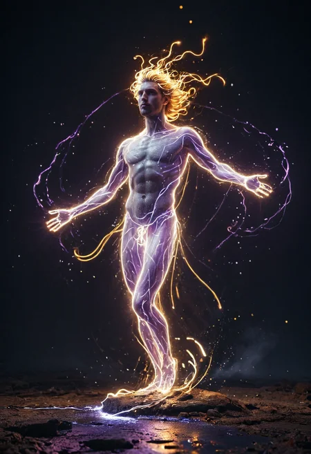 (masterpiece), (best quality), Young Greek god astraeus with hair blowing in the wind with ultraviolet light and root-shaped lights coming out of his body, golden aura around the silhouette, background sky, wide shot, full body, dynamic movement, cinematic lighting, masterful composition, shallow depth of field, f/2.4, masterpiece, trending on artstation, meander, hypnotic swirls, glowwave, glowing swirls <lora:light_transformer:0.55> lightlora, made from light, light, light particles, glowing <lora:Bio-Luminescence:0.55> bioluminescent, glowing <lora:Aether_Light_SDXL_LoRA:0.55> light painting of <lora:AbSynth:0.55> absynth, paint pour, geometric, fluid dynamics, liquid physics <lora:Greek mythology style:0.55> Greek mythology style, masterful composition, dynamic volumetric lighting, realistic ray_tracing, reflection, hyperrealistic, shallow depth of field, f/2.4, bokeh,, RAW candid cinema, 16mm, color graded portra 400 film, remarkable color, ultra realistic, textured skin, remarkable detailed pupils, realistic dull skin noise, visible skin detail, skin fuzz, dry skin, shot with cinematic camera