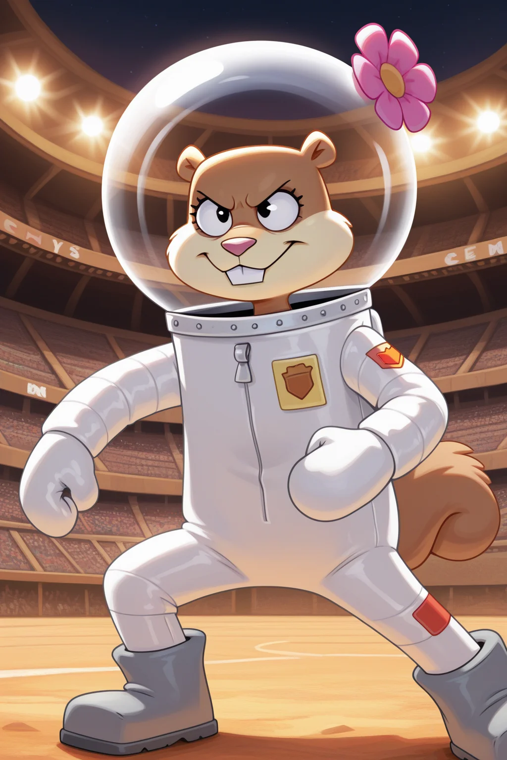 masterpiece, best quality, amazing quality, absurdres, sandycheeks, furry female, brown fur, solo, smile, serious, confident, fighting stance, pink flower, space helmet, white spacesuit, grey boots, outdoors, stadium, arena, colosseum