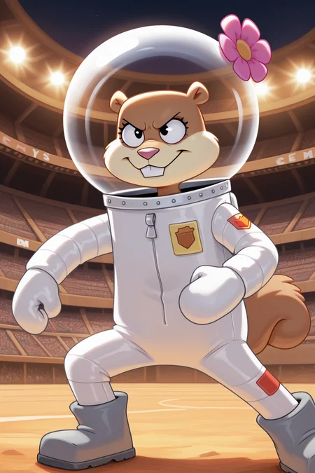 masterpiece, best quality, amazing quality, absurdres, sandycheeks, furry female, brown fur, solo, smile, serious, confident, fighting stance, pink flower, space helmet, white spacesuit, grey boots, outdoors, stadium, arena, colosseum