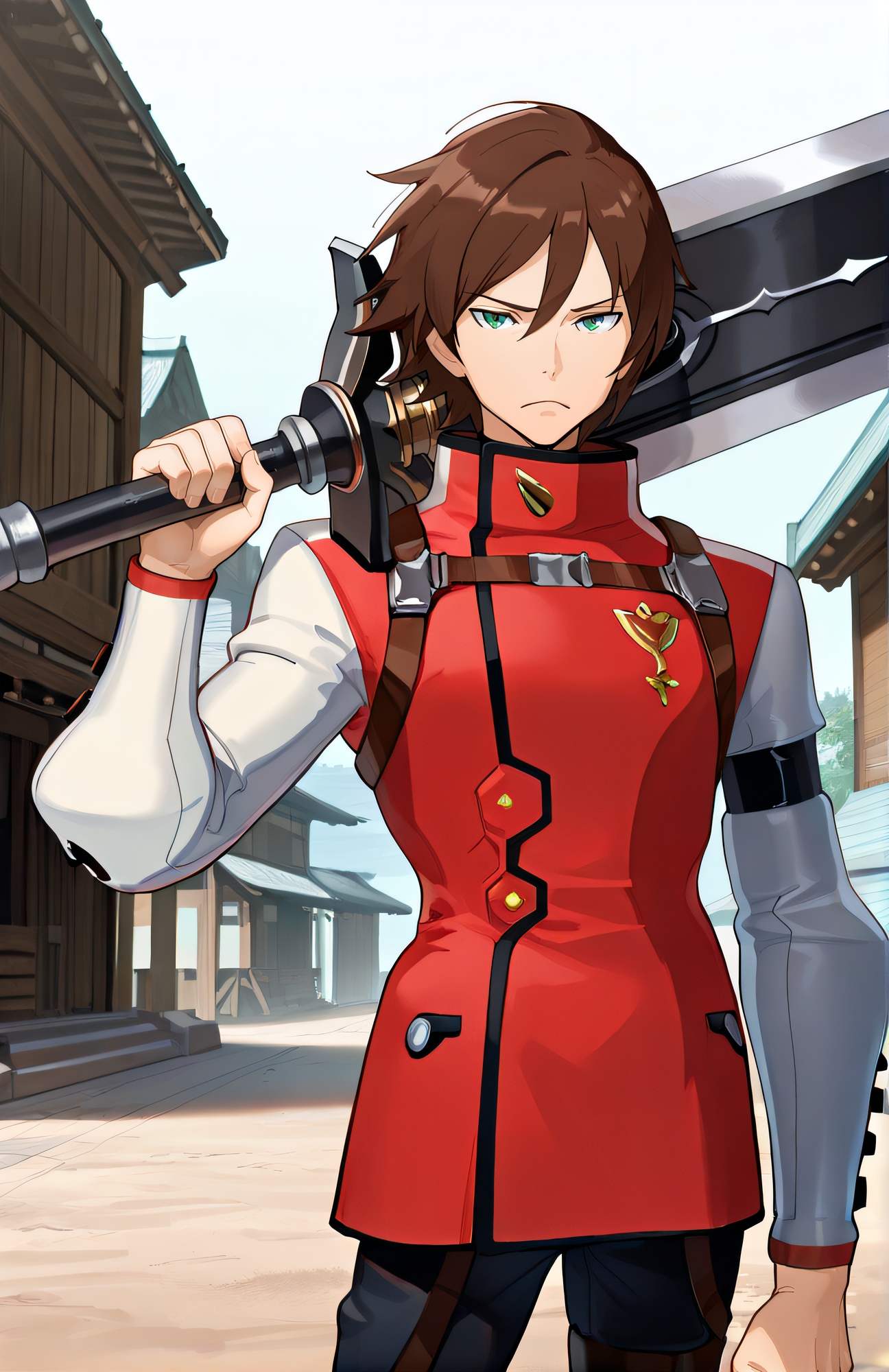 masterpiece, best quality, highres, newest, official artstyle, extremely detailed CG, 1boy, solo, <lora:LArc_Bright_Lagoon:1>, LArc, brown hair, green eyes, red uniform, white sleeves, pants, looking at viewer, cowboy shot, outdoor, scenery, frontal view, centered image, five fingers:1.1, holding sword on shoulder, huge weapon, frown