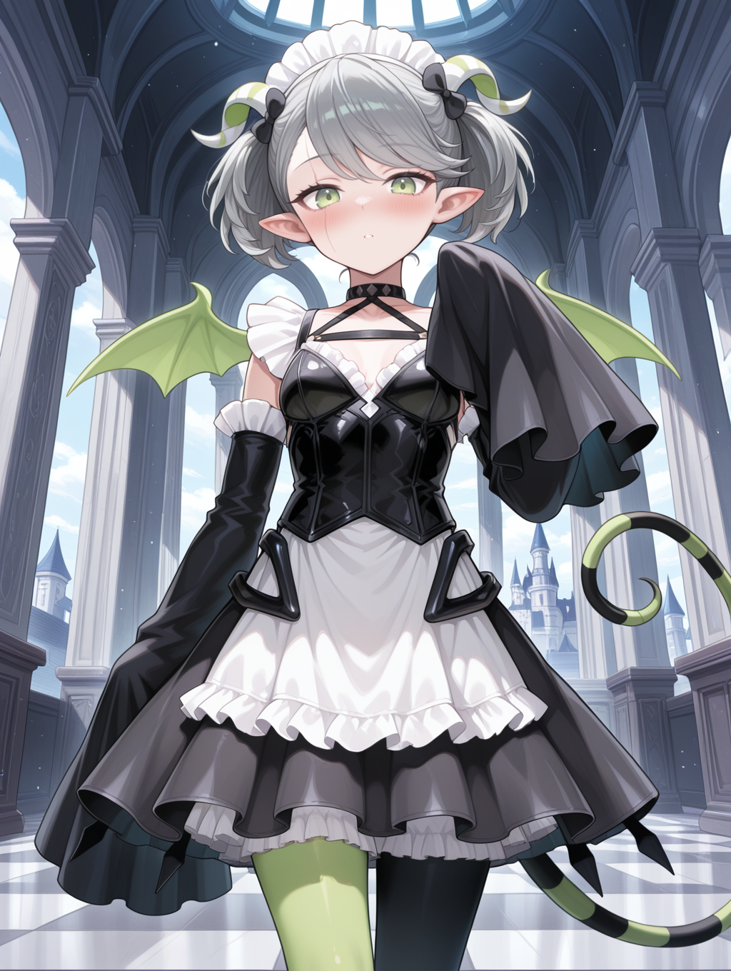 arianna the labrynth servant,1girl,demon girl,white maid headdress,black hair bow,black corset,black wide sleeves,white maid dress,mismatched legwear,sleeves past fingers,from below,hand up,scar on face,green demon wings,tail raised,blush,checkered floor,indoors,castle,curtains,
masterpiece,best quality,amazing quality,very aesthetic,absurdres,newest,<lora:Arianne and  Arianna the Labrynth Servant illusXL v1.1:0.75>,