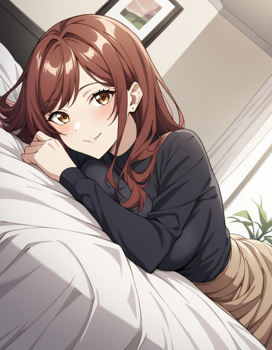score_9, score_8_up, score_7_up, source_anime, uncensored, <lora:StS_detail_slider_v1:3>, zPDXLxxx, <lora:Miu_Midou_PONYXL_VexVexX:1>, MiuMidou, brown eyes, brown hair, red hair, long hair, bangs, medium breasts, black shirt, long skirt, brown skirt, cowboy shot, bedroom, from front, laying on stomach, breasts press, ass, face down ass up, looking at viewer, smile,