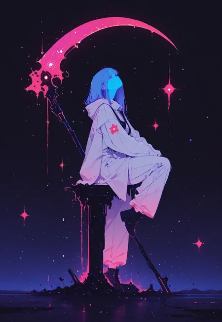 masterpiece, best quality, good quality, newest, highres, absurdres, masterpiece, best quality, very aesthetic, absurdres, faux media, 1girl, dim grey and soft blue color art, girl in white overall coat with red stars and galaxies,sitting on ground in a pose wih one leg bent and one leg stretched, hunched pose, Holding a huge RED glowing scythe in a pitch black room, behind " 7 " shaped staute