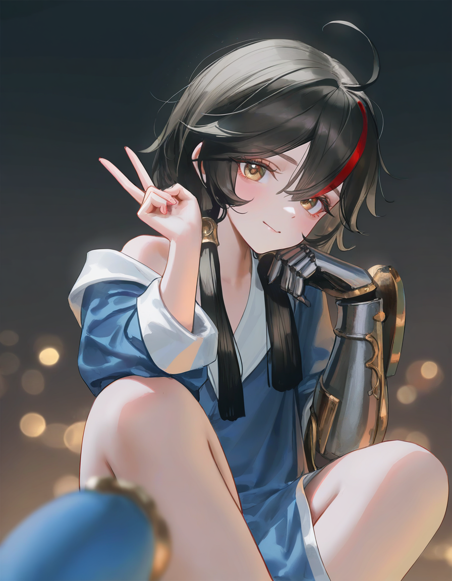 simple background,blue pajamas,pajamas,v,
(artist:reoen:0.826446),(artist:machi:0.9),(artist:ningen_mame:0.9),(artist:sho_(sho_lwlw):0.9),(artist:rhasta:0.9),(artist:wlop:0.7),(artist:ke-ta:0.6),(fkey:0.5),(tianliang duohe fangdongye:0.5),(hiten \(hitenkei\):0.6),(artist:onineko:0.826446),bokeh, Wisadel,
<lora:changan_noob:0.6>,huanxing-changan,1girl,solo,black hair,long hair,multicolored hair,red hair,brown eyes,hair between eyes,bangs,ahoge,single mechanical arm,
masterpiece,best quality,very aesthetic,absurdres,