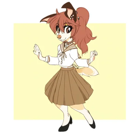 Dan1ka,1girl,solo,furry,furry female,dog girl,dog ears,brown hair,ponytail,long hair,hair between eyes,brown eyes,snout,animal nose,collar,body fur,dog tail, , hair ornament, flower earrings, long sleeves, white shirt, brown sailor collar, neck ribbon, brown skirt, pleated skirt, back ribbon, black footwear, flats, high heels, full body, classroom