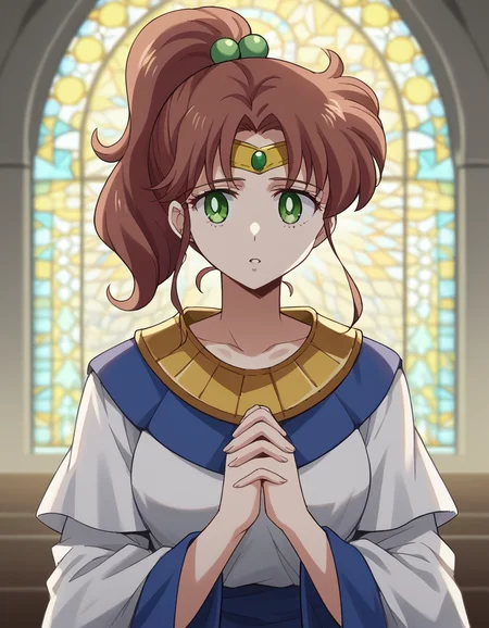 score_9, score_8_up, score_7_up, source_anime, <lora:makoto-kino-eternal-movie1-ponyxl-lora-nochekaiser_r1:1>, makoto kino, brown hair, circlet, green eyes, hair bobbles, hair ornament, medium hair, ponytail, sidelocks, parted bangs,, <lora:buddhist-nun-ponyxl-lora-nochekaiser:1>, buddhist nun, nun, habit, vitakra mudra, mudra, coif, gold necklace, priestess,, church, parted lips, praying,, cowboy shot