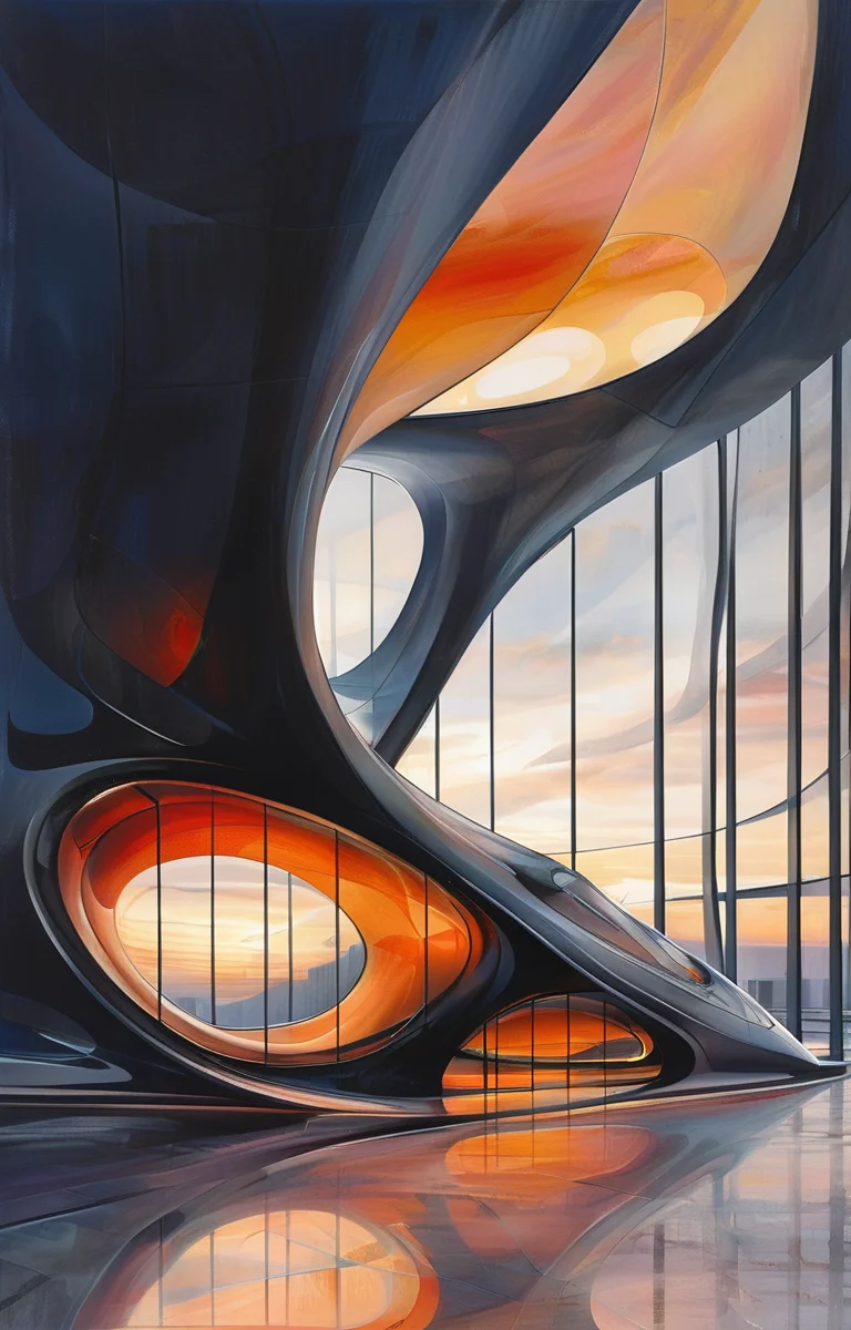 masterpiece,best quality,<lora:tbh307-sdxl:0.9>,illustration,design by Zaha Hadid Futuristic skyscraper with organic shapes, inspired by Zaha Hadid, gleaming under a sunset sky