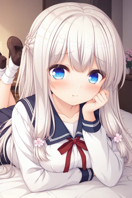 masterpiece,best quality,amazing quality,highres,scenery,newest,1girl,official style,yua,blue eyes,long hair,braid,bangs,white hair,yua school, hair ornament, hair flower, flower, long sleeves, skirt, shirt, white shirt, collarbone, red ribbon, bow, white socks, loafers,<lora:pieces-yua-V2:1>,bedroom,bed,the pose,hand rest,:t,blush,shy,looking at viewer,