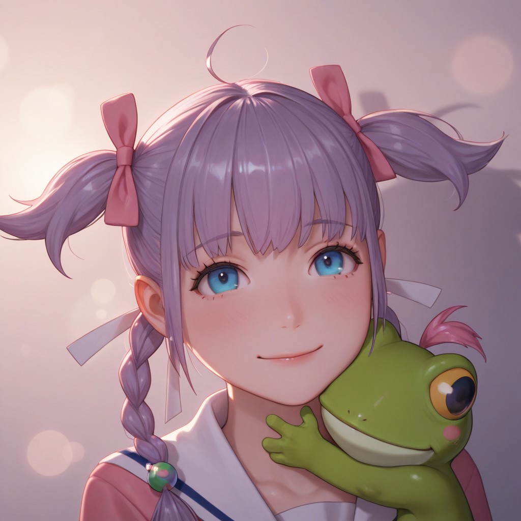 masterpiece, best quality, amazing quality, absurdres, newest, detailed background, definition so sharp, Ultra-HD, 8K cinematic, very awa, impressionate, amazing quality, highres, 
shadow, shiny skin, female, pastel color, extream close-up, bokeh,
cecilsudou,cecil_purple hair, cecil_blue eyes,1girl, twin braids, twintails, ahoge,ribbon, bow, hair bow, hair beads, sailor dress, 
big smile, happy expression, looking at viewer, 
nanagenie, 1other, pokemon, green frog, out of frame, hugs each other