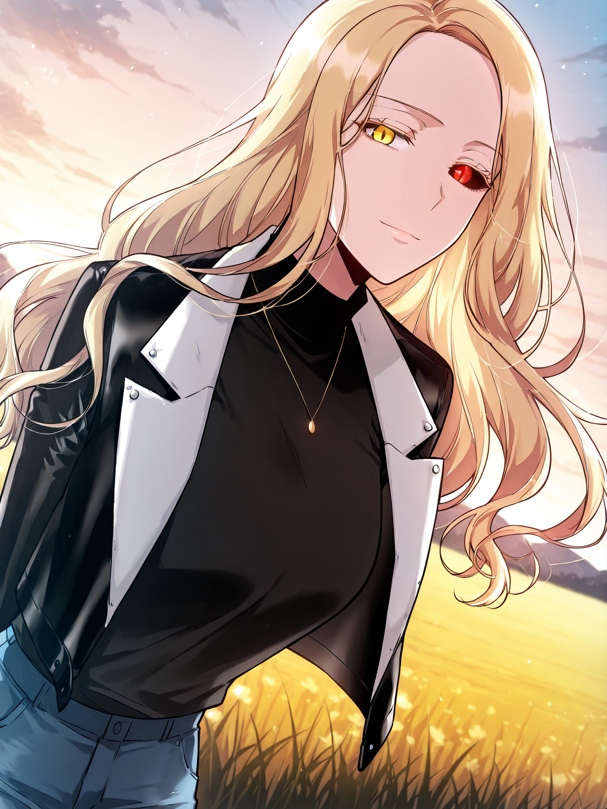 <lora:Omniscient_Readers_Viewpoint__Anna_Croft (1):1>
1girl, solo, long hair, wavy hair, blonde hair, side part, heterochromia, yellow right eye, red left eye, black sclera (left eye),
black turtleneck, black jacket, fitted jacket, long sleeve, modern outfit, blue jeans, belt, sneakers, necklace, pendant,
score_9, score_8_up, score_7_up, very aesthetic, source_anime, detailed, high quality, beautiful, masterpiece, detailed eyes, field, blurry background, pose dynamic angle, upper body, cowboy shot, light smile, floating hair, half-closed eyes, hands behind back, leaning forward, looking forward, looking at viewer
