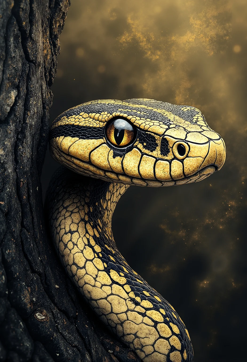 pst006, a beautiful snake winding around a tree trunk, eye contact, sunrise mood