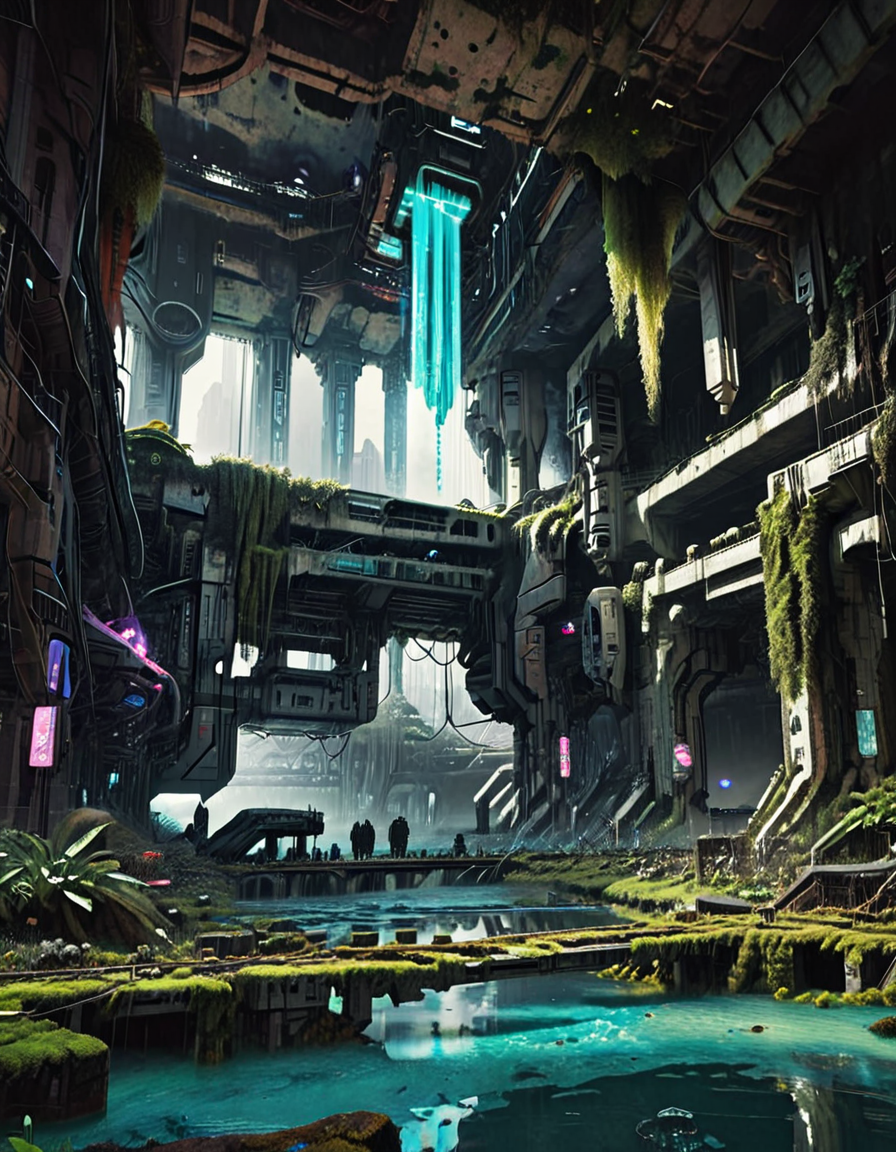 <lora:SWL_Underground1xlb:1.0> swlu1, cyberpunk, underground, futuristic, abandoned, image8, photo of sci-fi ruins, suspended megastructure, glowing turquoise water, moss-covered decay, colossal scale, hanging vegetation, broken futuristic ceiling, nature overgrowing architecture, cinematic lighting, volumetric sunlight beams, distant explorers, post-apocalyptic beauty, serene atmosphere, abandoned technology, photorealistic,