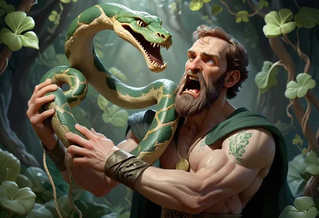 Saint Patrick wrestles with a huge snake, (((Celtic theme:1.2)))
He grabs the snake by the neck and trips up the snake neck, the snake is horrified and falls backward. Holding the serpent in his other hand. Masterpiece, ultra-realistic, ultra-detailed, concept art