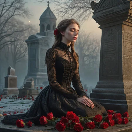 epiCRealism, masterpiece, highly detailed, one girl, pale and delicate, mourning in front of a tomb in a frozen winter morning, mist still clings to the ground while a timid Sun rises on the horizon, a bright red bouquet of roses lays on the tombstone, she wears a highly detailed black laced Victorian dress and sits on the earth in front of the tomb, the skirt spreads around her, view from the side, a small tear drops through her cheek,