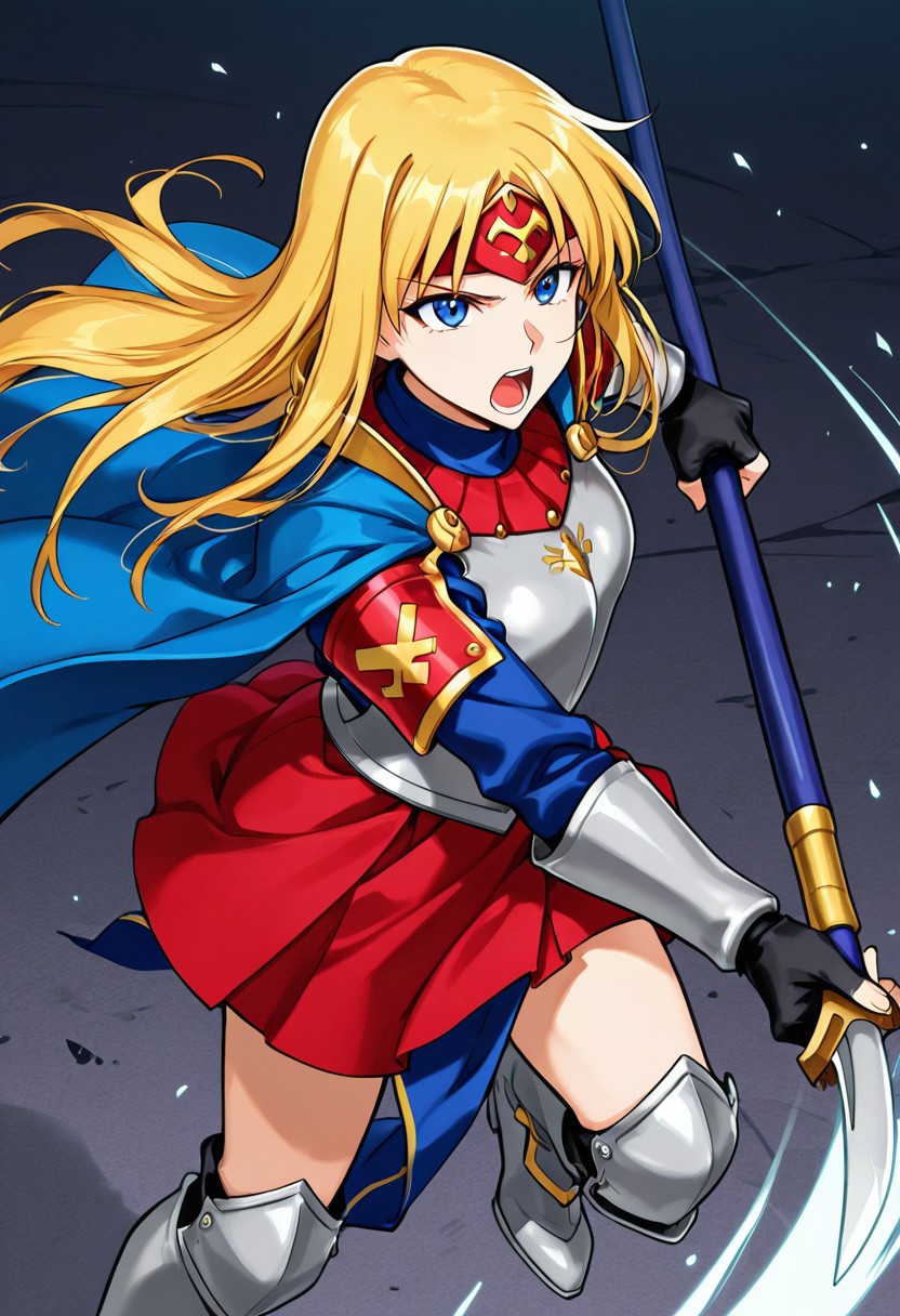 score_9,score_8_up,score_7_up,source_anime,5_figner,2d_animation,game cg,BREAK,1girl,solo,
Sonya,blonde hair,long hair,blue eyes,blue cape,armor,headband,shoulder pads,breastplate,shoulder armor,shoulder armor,pauldrons,red skirt,knee boots,spear,
serious,slashing,openmouth,
masterpiece,best qualit,ultra-detailed,illustration,an extremely delicate and beautiful,beautiful detailed eyes,unity 8k wallpaper,high resolution,anime CG,official_art,