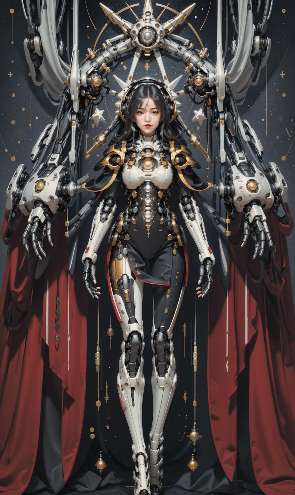 <lora:tarot_mecha:1>,1girl,mecha,full body,Tarot, red armor, star map,simple background,  <lora:animetarotV51:0.8>, <lora:techpriest:0.6>, mechanical arms, steampunk, hood, robe, techpriest, (masterpiece, best quality, high quality, highres, ultra-detailed),